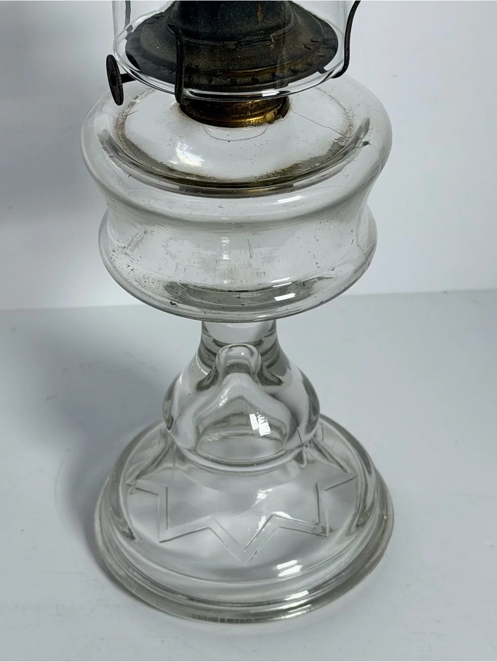 Vintage Clear Glass Pedestal Oil Lamp with Etched Chimney – 17
